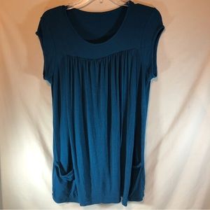 Savi Mom teal cap sleeve gathered front top with pockets L